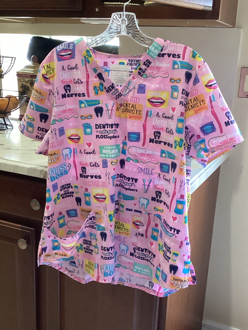 Dental-Themed Pink V-Neck Scrub Top - Women